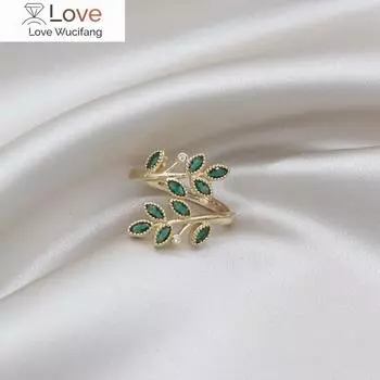 14-каратное настоящее золотое покрытие, корейские новые модные ювелирные изделия, изысканные зеленые циркониевые кольца с пшеницей в форме листа, элегантные женские открытые кольца для вечеринок Resizable зелёный