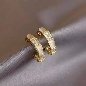 14-каратное настоящее золотое покрытие корейские новые модные ювелирные изделия ААА циркон кошачий глаз бамбук полукруглые серьги женские вечерние серьги для вечеринок белый