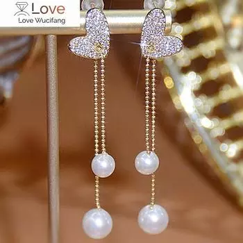 14-каратное настоящее золотое покрытие Корея Новые милые длинные серьги с жемчугом в форме сердца для девушек Необычные подарки Женские вечерние серьги белый