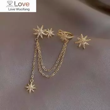 14-каратное настоящее золотое покрытие модные ювелирные изделия AAA циркон звездный свет асимметричный зажим для ушей кисточка необычные женские банкетные серьги золотой