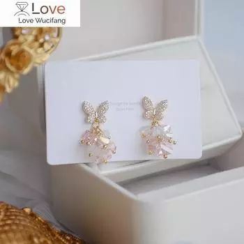 14-каратное золотое покрытие, корейские модные ювелирные изделия, роскошные серьги с розовыми кристаллами и цирконием, милые женские серьги для свадебной вечеринки белый