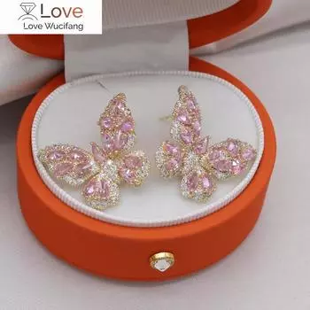 14-каратное золотое покрытие, корейский дизайн, модные ювелирные изделия, роскошные серьги-бабочки из розового циркония, элегантные женские аксессуары для свадебной вечеринки розовый