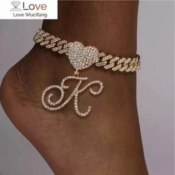 14 мм кубинский браслет на щиколотку панк курсивные буквы сердечки браслеты для женщин Iced Out зубец Майами кубинская цепочка на щиколотку хип-хоп ювелирные изделия модные 25cm