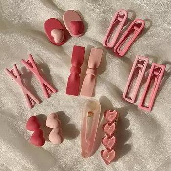 14 Pcs Fashion Dopamine Pink Geometric Heart-shaped Bow Hair Clips For Women Girls Party Hair Accessories