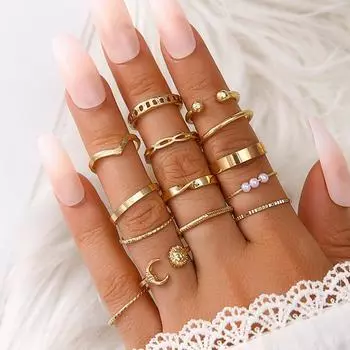 Кольцо из 14 частей Новое Солнце Подсолнух Бриллиант Простой Ретро Жемчуг Кольцо из 14 частей Совместное Оптовые Ювелирные Изделия