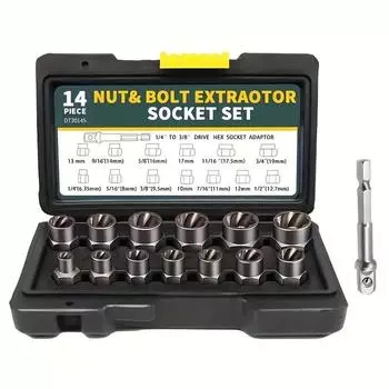 14 Pieces Impact Bolt & Nut Remover Set With Hex Adapter Easy-Out Stripped/Rounded/Rusted Fastener Removal 3/8 Drive Sockets
