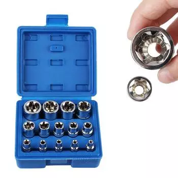 14-Pieces Wrench Head with a Case Auto Repair Tools External Torx Socket Set E4-E24 Female E Torx Socket Set Star Socket Set красный