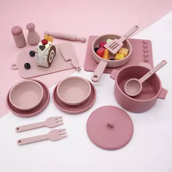 14 предметов кухонных игрушек для детей, игрушечная кастрюля и сковорода, силиконовый игровой набор розовый