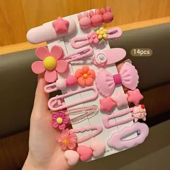 14 розовых мультяшных милых заколок для волос в корейском стиле, сладкие и модные аксессуары для волос, подходящие для повседневного использования