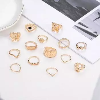 14 шт./компл. набор женских колец в форме цветка-бабочки из полированной гладкой нержавеющей стали в этническом стиле золотистый