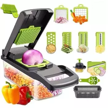 14 шт. Многофункциональный измельчитель овощей, ломтерезка для фруктов, мясорубка с ручкой, измельчитель лука, измельчитель картофеля со сменными лезвиями Dark Grey-14pcs