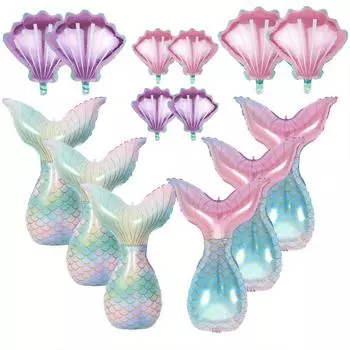 14 шт. тема русалки мультфильм рыбий хвост ракушка алюминиевая пленка воздушный шар детские первые дети день рождения принцесса океан сказка украшения для вечеринки