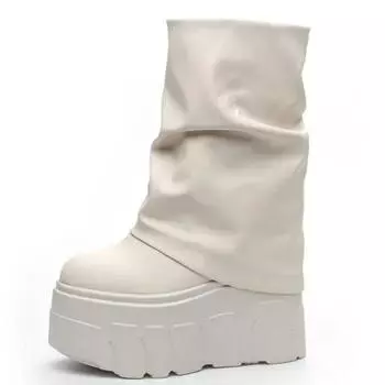 14 см новые ботильоны обувь из натуральной микрофибры кожаные ботинки 2025 зимние женские мотоциклетные ботинки на платформе женские модные ботинки 33 бежевый