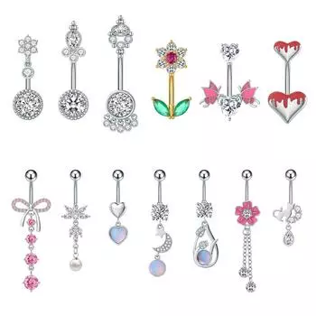 14G изогнутая штанга сексуальный пирсинг живота сердце-крыло опал цветок 5 цирконов пупка кольца женские пупочное кольцо ювелирные изделия