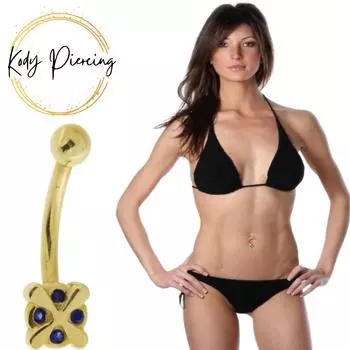 Кольцо на животе из 14-каратного золота с 4 камнями и крестом - золотой пирсинг