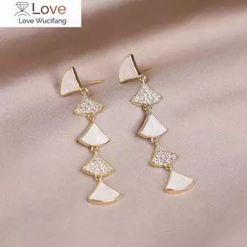 Длинные веерообразные серьги из акрила с цирконием и гальваническим покрытием из настоящего золота 14 карат, элегантные женские аксессуары для свадебной вечеринки белый