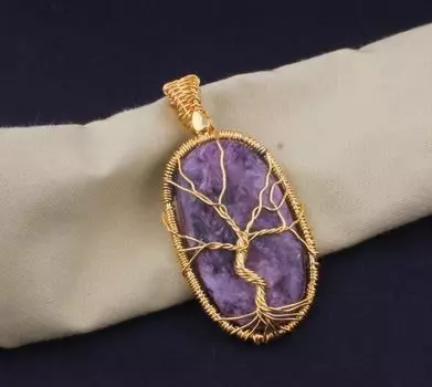 14kt позолоченная проволока, обернутая натуральным чароитом, свадебное ожерелье, кулон для женщин, овальный драгоценный камень ручной работы, золотой кулон, подарки для ее украшений