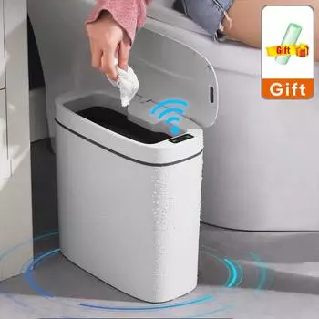 14L Smart Trash Can USB Charger Автоматические мусорные баки для ванной комнаты и туалета Водонепроницаемый узкий шов Сенсорный мусорный бак для кухни Корзина для мусора Battery белый