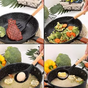 14Pcs Silicone Kitchen Utensils Cooking Tool Spatula Shovel Soup Spoon with Storage Bucket Non-Stick Wood Handle Kitchen Gadgets