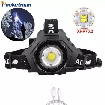 150000LM XHP70.2 Светодиодная фара Перезаряжаемая через USB налобный фонарь Передний фонарь с масштабируемой головкой Лампа для рыбалки