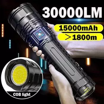 15000 мАч, самые мощные светодиодные фонарики, перезаряжаемая вспышка, встроенная батарея 3*18650, прожекторы дальнего действия, фонарик built in batteries чёрный
