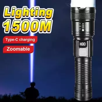 1500M сверхмощный фонарик с цифровым электронным дисплеем, водонепроницаемый фонарик с зумом, ручной фонарь для кемпинга на открытом воздухе built-in battery чёрный