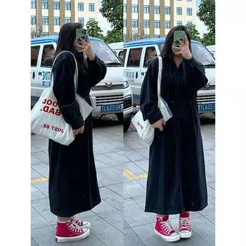 150.00kg Plus Size Ladies Spring & Fall Fashion Denim Dress Black Gray 3XL