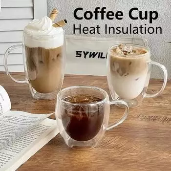 150-450ml Coffee Cup Double Wall Transparent Glass with Handle Double-layer Heat Insulation High Temperature Juice Milk Cup 301-400ml