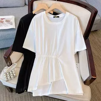 150 кг плюс размер женская грудь 157 летняя свободная нерегулярная футболка с коротким рукавом черный белый 6XL 7XL 8XL 9XL 10XL 2XL чёрный