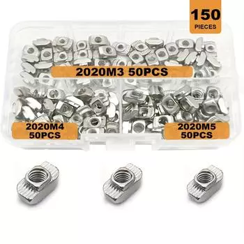 150pcs 2020 Series T Nuts: M3 M4 M5 Hammer Head Fastener Nut Kit for 20 Series Aluminum Profile - Nickel Plated Carbon Steel