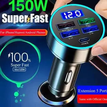 150W 5 Ports Car Charger Fast Charging PD QC3.0 USB C Car Phone Charger Type C Adapter in Car For iphone Samsung Huawei Xiaomi