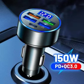 150W QC3.0 USB Car Charger Fast Charging Type C USB Phone Adapter in Car For iPhone Xiaomi Huawei Samsung 5 Ports