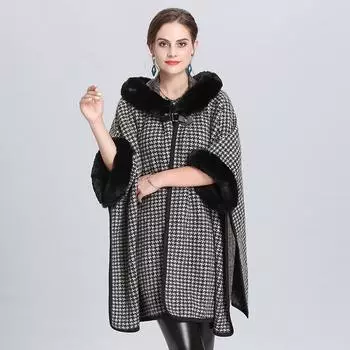 1517 #Большой размер свободный меховой воротник с капюшоном вязаный свитер кардиган шаль накидка one size fits all хаки