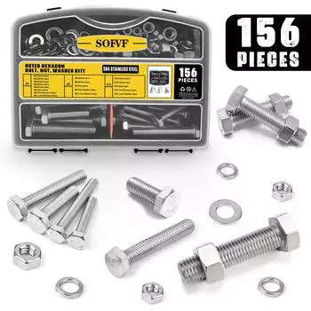 156Pcs Hexagonal Head Screws, Stainless Steel Outer Hexagonal Screws, Nuts, Washers Classification Combination Kit