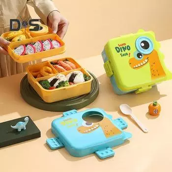 1590 мл ланч-бокс с динозавром для детей, двухслойная коробка для бенто, герметичная, без BPA, мультяшный контейнер для ланча, коробка для закусок с соусницей для школы синий