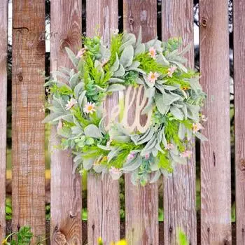 15,8-дюймовый весенний венок из искусственных цветов с надписью «Привет!», маргаритками, листьями эвкалипта, венок для входной двери, декор для окна фермерского дома 40cm