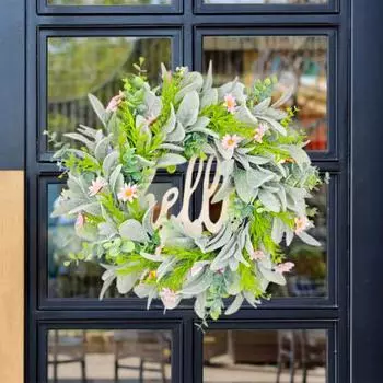 15,8-дюймовый весенний венок из искусственных цветов с надписью «Привет!», маргаритками, листьями эвкалипта, венок для входной двери, декор для окна фермерского дома 40cm