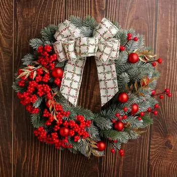 15 Inch Christmas Wreath 2025 Home Christmas Party Front Door Decors Artificial Green Pine Leaf Wreath With Red Berries Bow