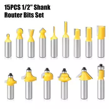 15-Piece Set Of 1/2 Handle Woodworking Milling Cutter Set, Engraving Machine/Bakelite Milling/Trimming Machine, Alloy Cutter Head Set 15-Piece Set 1/2 Handle - No Wooden Box Yellow