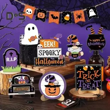 15 шт./компл. многоуровневый поднос для украшения Хэллоуина, деревенский деревянный тыквенный призрачный гном, настольный знак, праздничный многоуровневый поднос, украшение для рабочего стола 1 Set