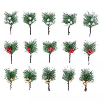 15 шт. Рождественские ягоды падуба, искусственные красные, серебряные, золотые ягоды, сосновые иголки для праздника, декабрь