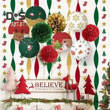 15 шт. рождественских бумажных фонариков, украшения, красные и зеленые помпоны, набор, веселый рождественский баннер для декора вечеринки в помещении и на открытом воздухе Sets