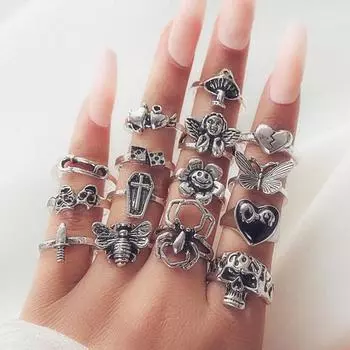 15 шт., винтажные кольца с животными, набор в готическом стиле, преувеличенные насекомые, животные, цветок, кольцо в форме сердца, Эстетические ретро-кольца серебряного цвета, изысканные ювелирные изделия Sets