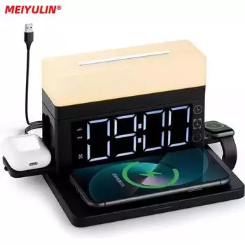 15 Вт 6 в 1 подставка для быстрой беспроводной зарядки для Iphone 14 13 12 Xiaomi электростанция будильник светодиодная настольная лампа для Airpods Iwatch as picture белый