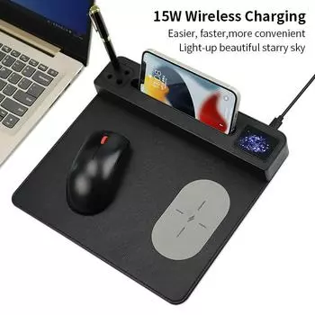 15 Вт QI быстрая зарядка беспроводной зарядки коврик для мыши со светодиодным дисплеем зарядное устройство для телефона PU коврик для мыши с держателем для мобильного телефона слот для ручки чёрный