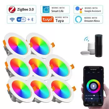 15 Вт ZigBee Smart Ceiling Light RGB Tuya WiFi Bluetooth LED Downlights Recessed Spotlight Alexa Lamp Control Google Home 5w&1 PCS