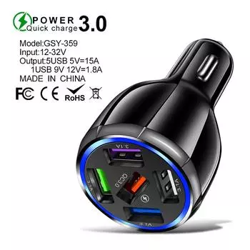 15a 5usb Qc3.0 Автомобильное зарядное устройство для мобильного телефона Быстрая мини-светодиодная быстрая зарядка для Iphone 12 Huawei Адаптер для мобильного телефона