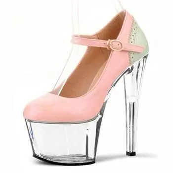 15Cm super high heel summer round head wedding shoes thin heel transparent pink solid color waterproof table banquet low top high 34