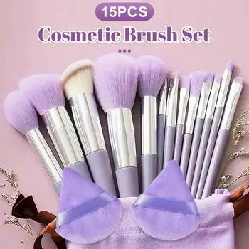 15pc Portable Purple Makeup Brush Set with 2pcs Triangle Sponges, Including Powder Brush, Blush Brush, Eyeshadow Brush фиолетовый