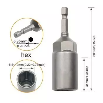 15Pcs 80mm Length Deepen Power Nut Driver Drill Bit Set 5.5-19MM Impact Socket Adapter 6.35MM Hex Quick Shank Hand Tools